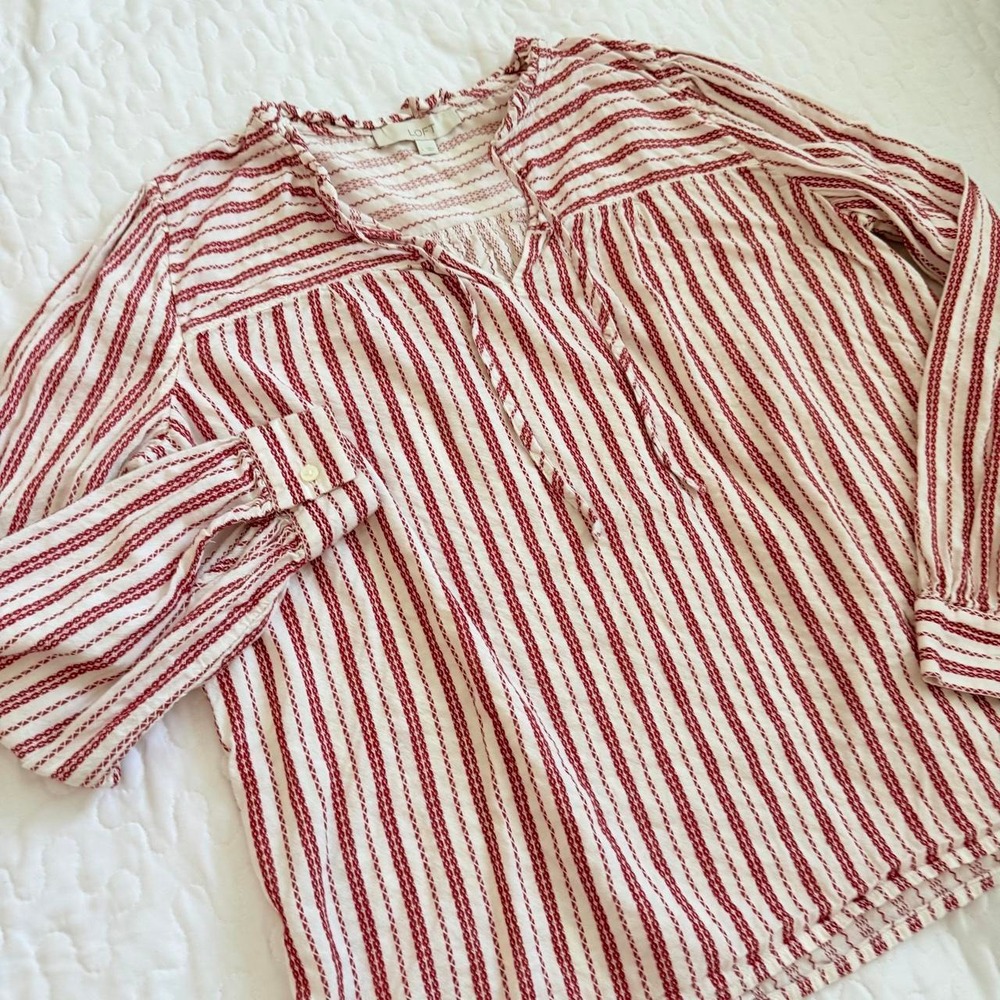 LOFT Womens L Blouse Striped Ruffle Tie Neck PEASANT BOHO COASTAL NAUTICAL COZY